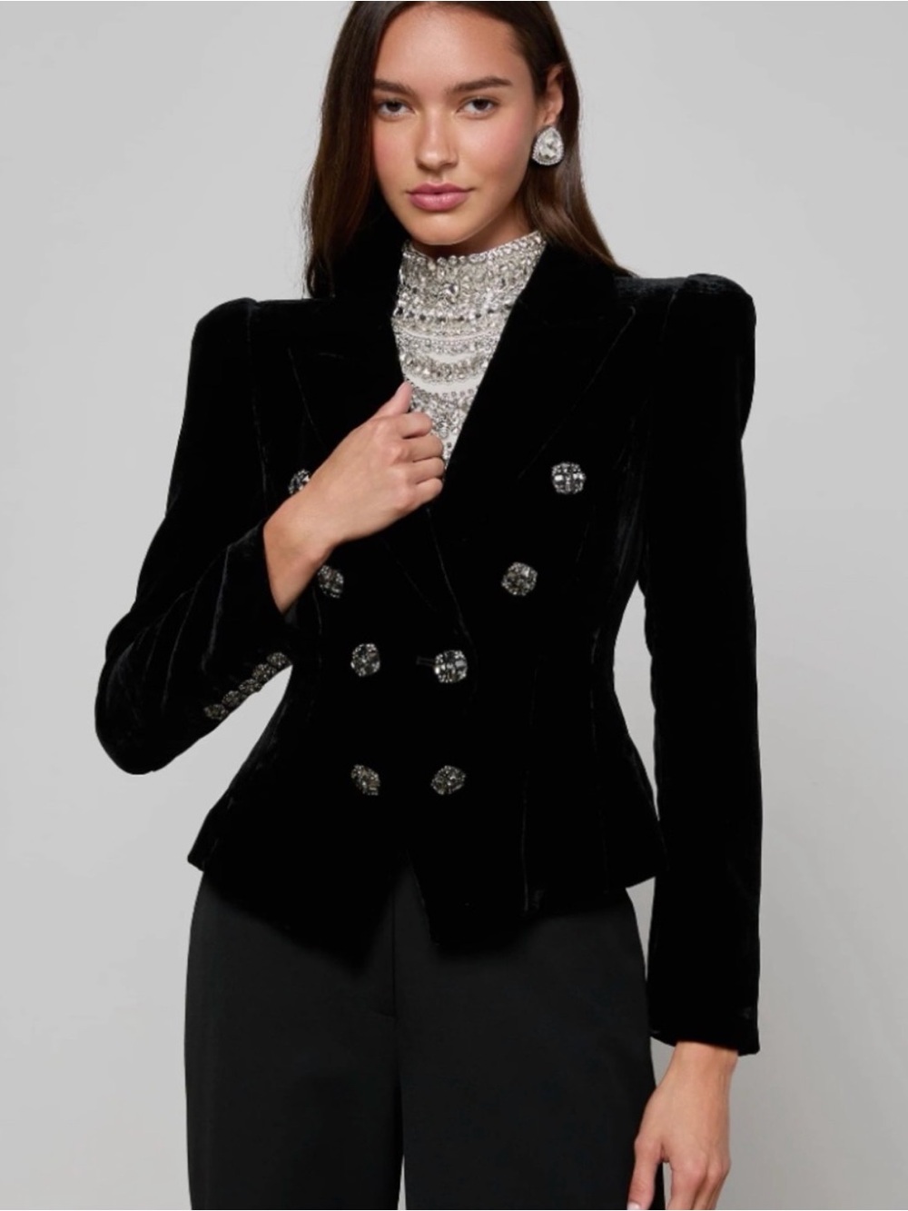 L’Agence Bethany Velvet Structured Blazer In Black - Picture 2 of 8